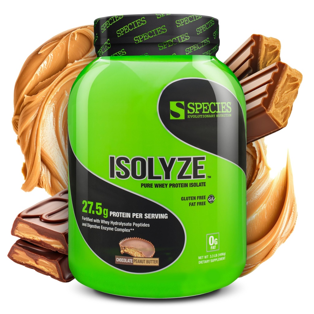 Species Nutrition Isolyze Whey Protein Powder, 100% Whey Isolate for Muscle Building, 27.5g Protein Per Scoop, No Sugar & Low Fat (Chocolate Peanut Butter, 44 Servings)