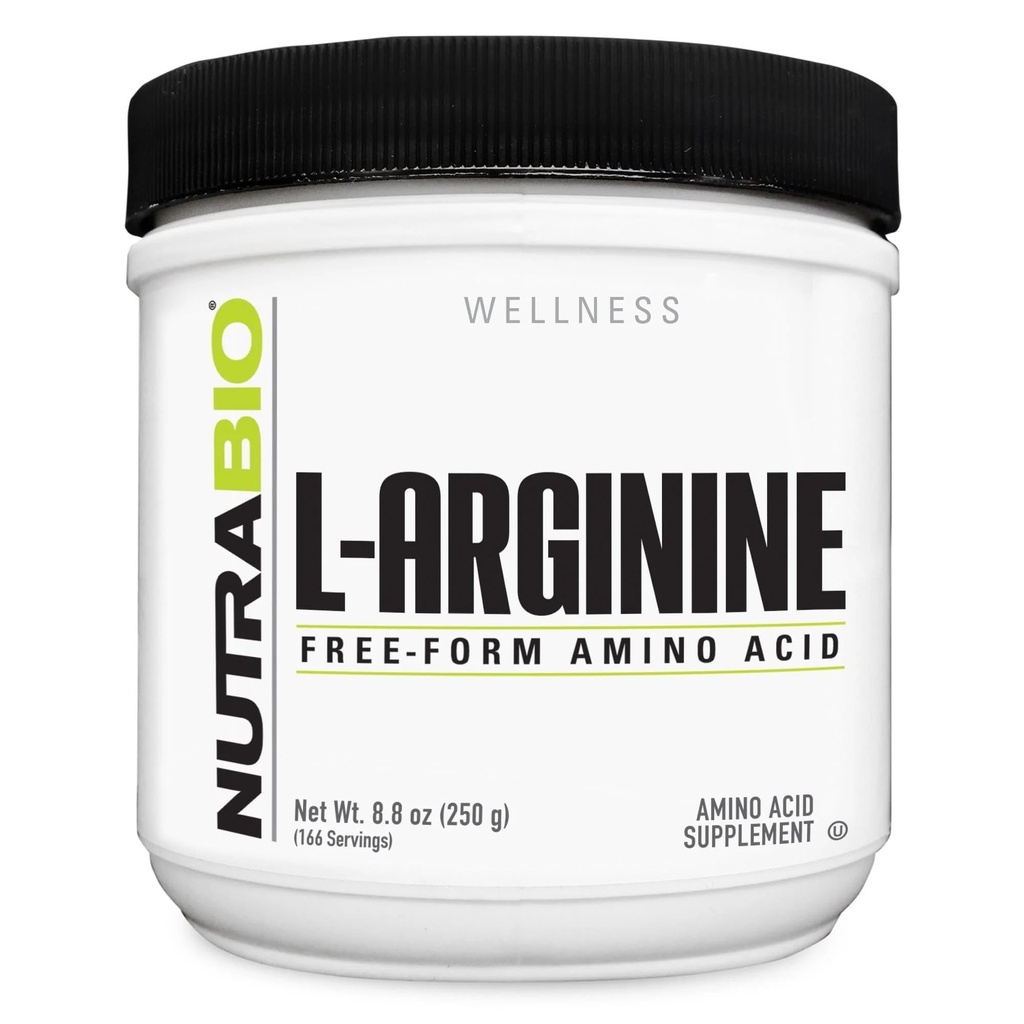Supplément NutraBio L-Arginine, 750mg Précurseur à oxyde nitrique, soutient le flux sanguin, la santé vasculaire et la croissance musculaire, 250g