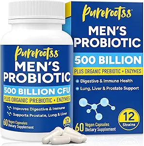 Probiotiques pour hommes, 500 milliards d'UFC et 12 souches, prébiotiques et probiotiques, canneberge, sciure Palmetto, enzymes digestives, Gut & Bloating, soutien de la prostate du foie pulmonaire, approvisionnement de 30 jours