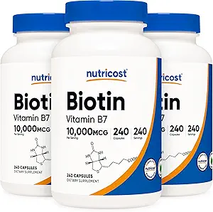 Biotine Nutricost (Vitamine B7) 10 000 mcg, 240 capsules (3 bouteilles) - Non-OGM, sans gluten