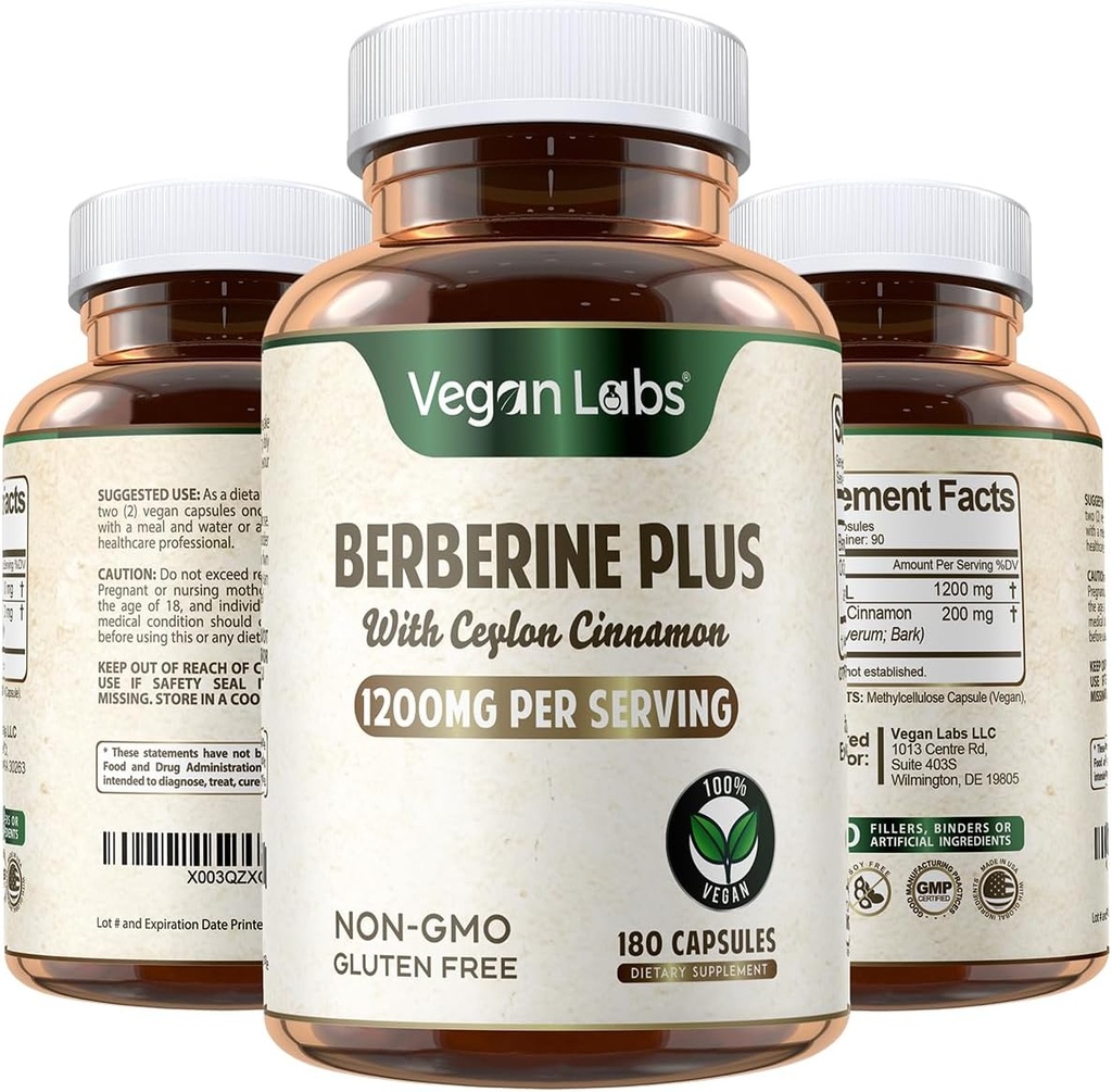 Vegan Labs Berberine HCL 1200MG avec Ceylan Cinnamon Organique- 180 Capsules Vegan- Supporte la santé globale et le système immunitaire