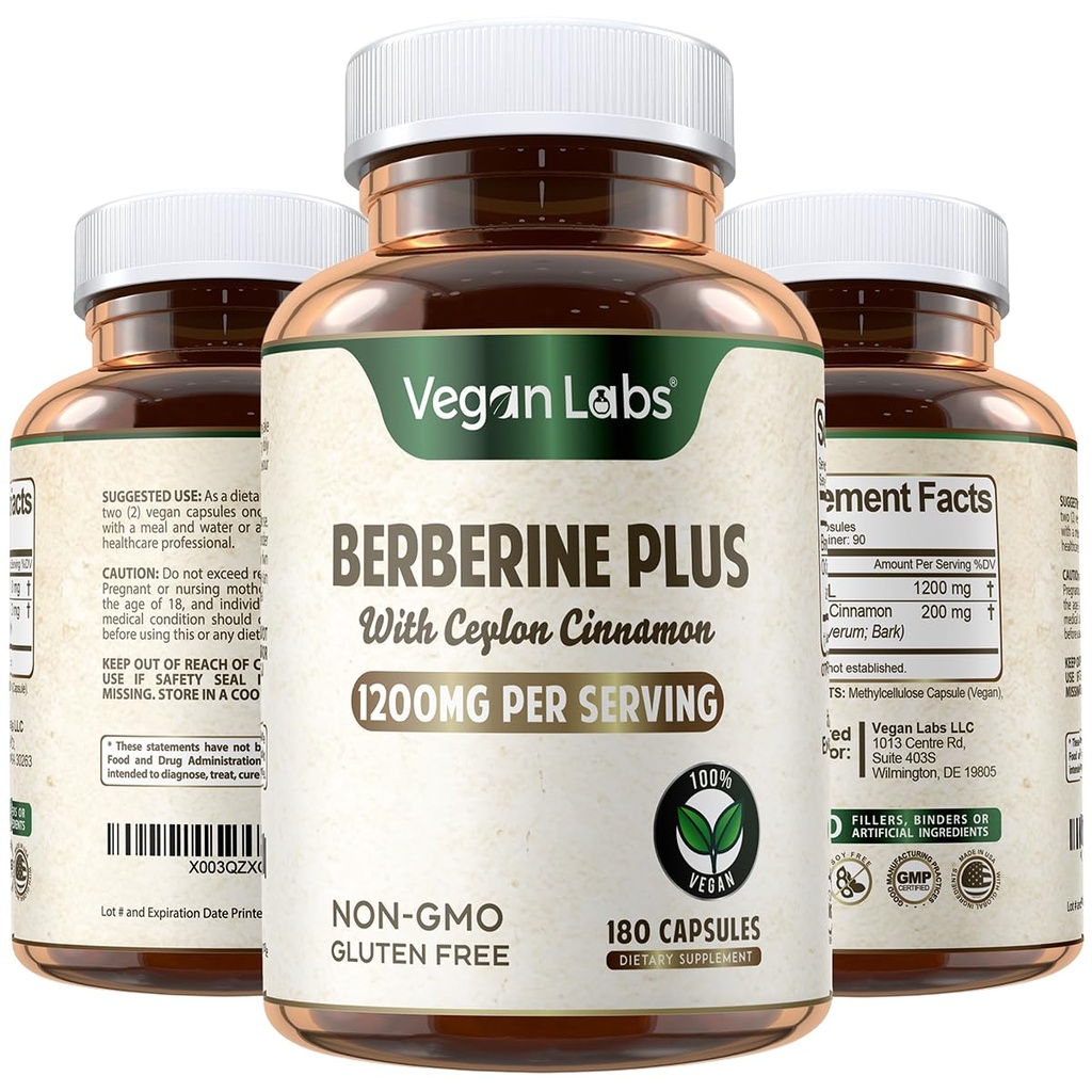 Vegan Labs Berberine HCL 1200MG avec Ceylan Cinnamon Organique- 180 Capsules Vegan- Supporte la santé globale et le système immunitaire