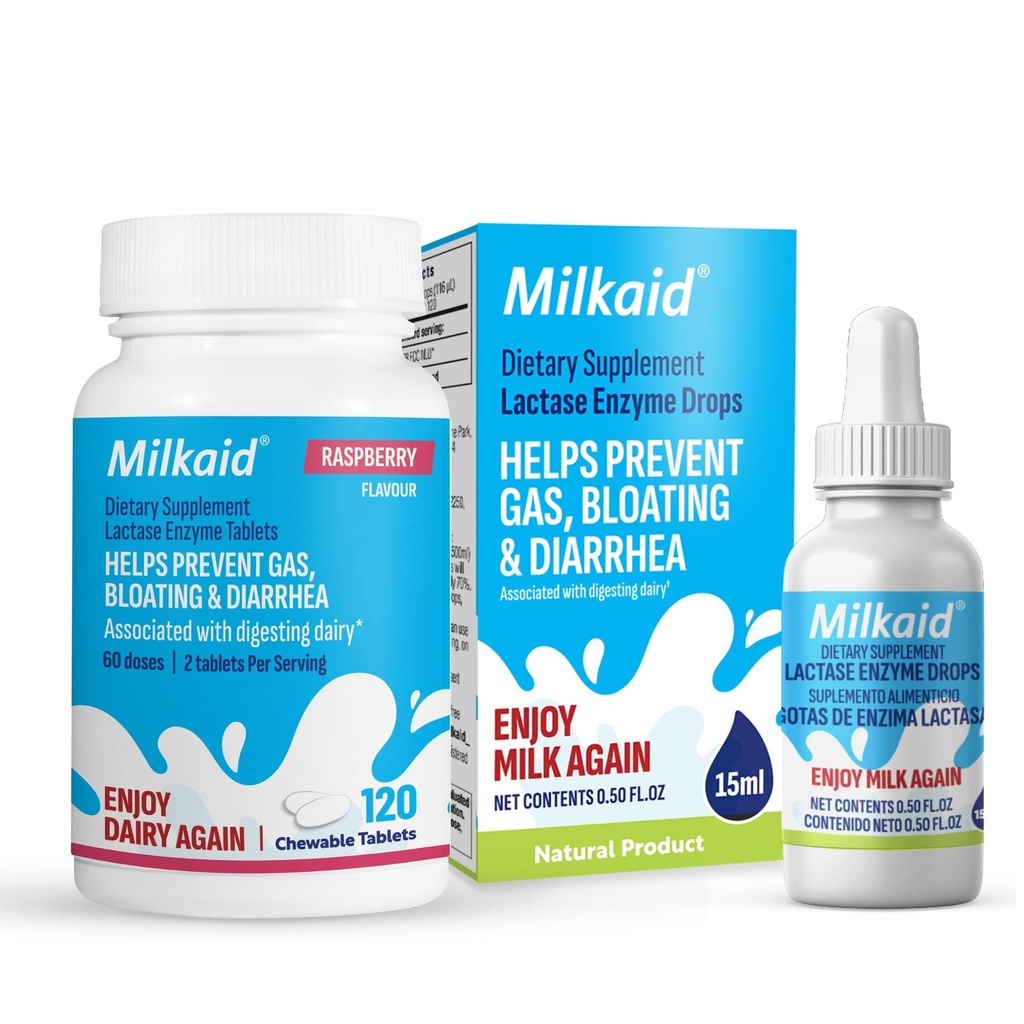 Laitaid Lactase Enzymes gouttes Comprimés pour le soulagement de l'intolérance au lactose.