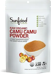Superaliments pour le soleil Poudre de Camu Camu - Camu Camu Poudre de Camu Organique, Camu Camu Berry Vitamine C Poudre pour jus et smoothies, USDA Organique, Non OGM - 3.5 oz Sac