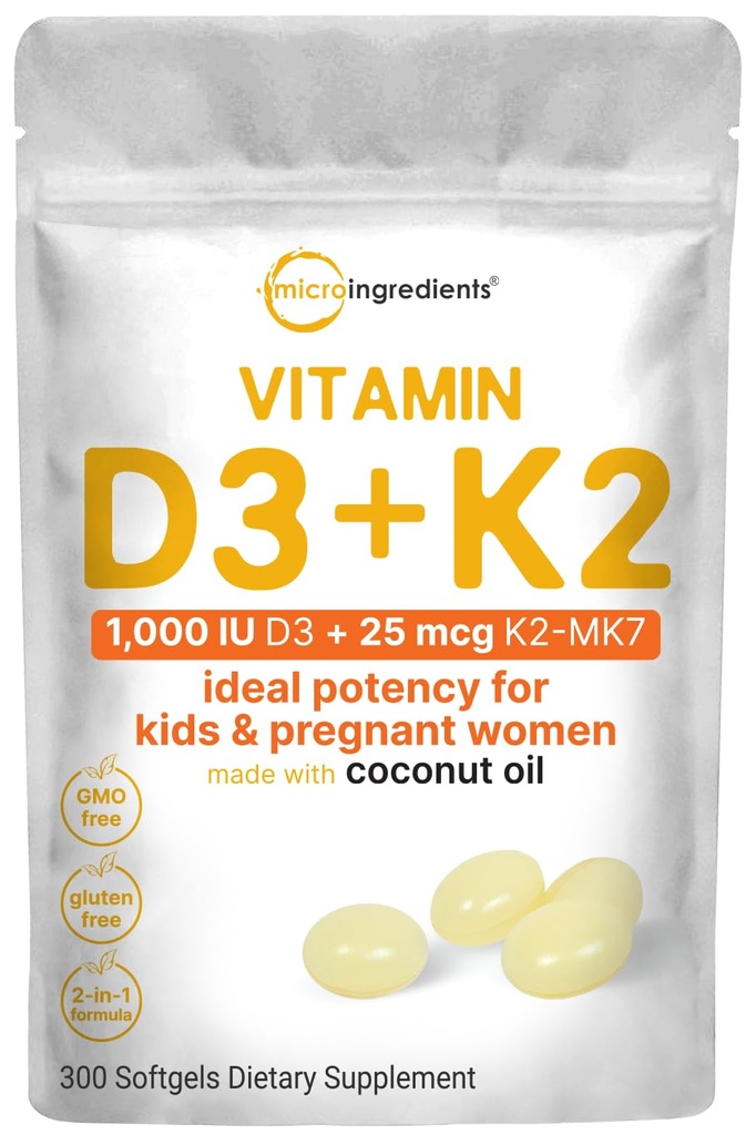 Micro-ingrédients Vitamine D3 1 000 UI + K2 MK-7 25 mcg, 300 Softgels (en anglais seulement) Huile de coco vierge (en anglais seulement)