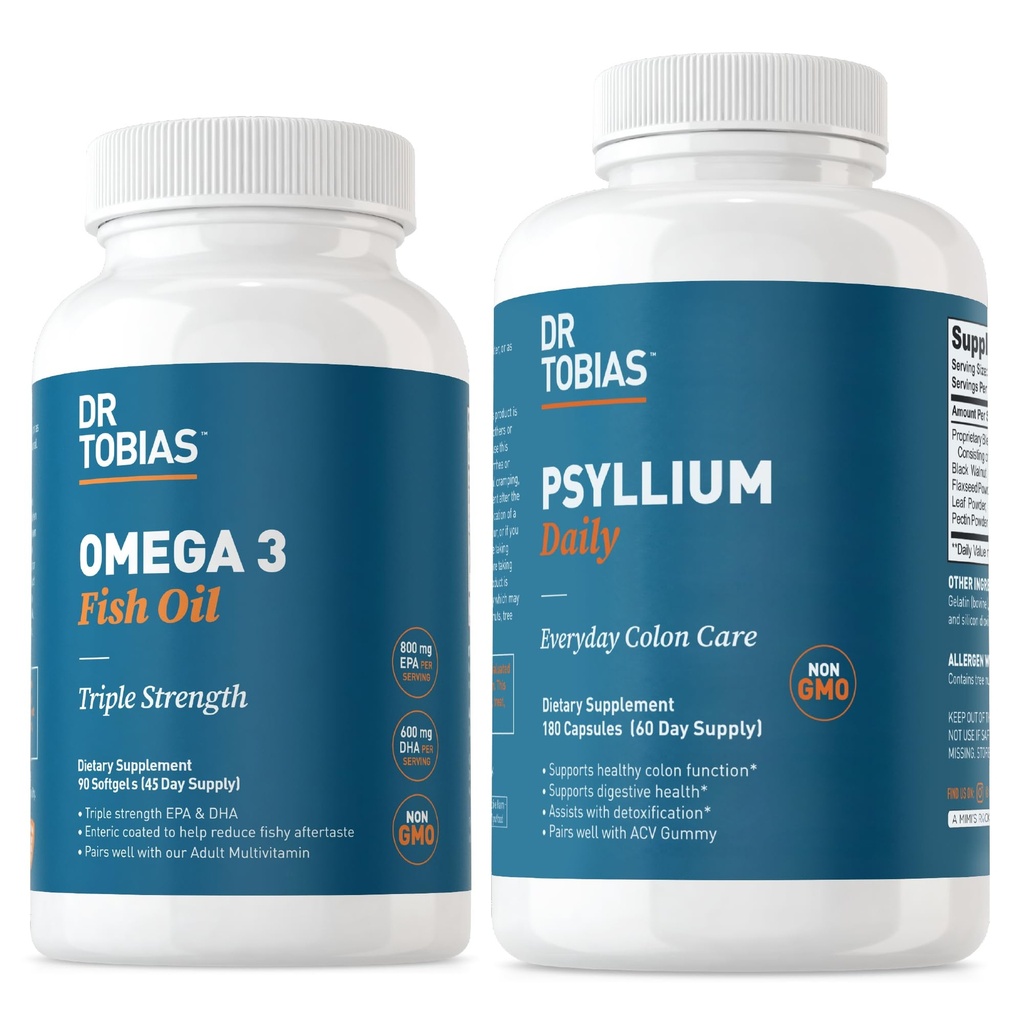 Dr Tobias Omega 3 Huile de poisson et Psyllium Suppléments quotidiens pour le soutien du cœur, du cerveau et de l'immunité, le mouvement sain Bowel soutient avec Psyllium Musk Capsules