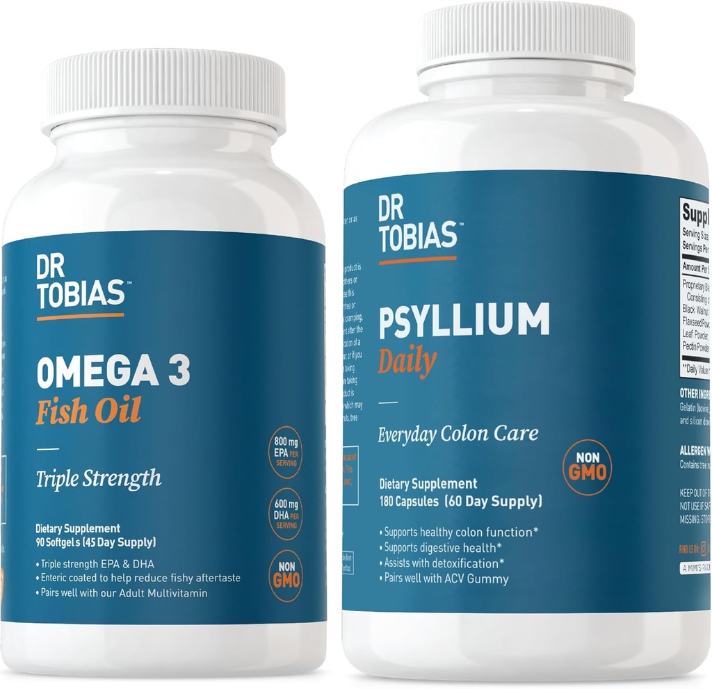 Dr Tobias Omega 3 Huile de poisson et Psyllium Suppléments quotidiens pour le soutien du cœur, du cerveau et de l'immunité, le mouvement sain Bowel soutient avec Psyllium Musk Capsules