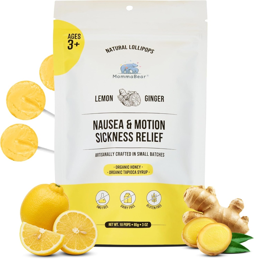 MommaBear Nausées et maladie du mouvement Lollipops – Candy au citron et au gingembre non OGM pour nausées – Lollipops organiques pour enfants 3+ et femmes enceintes pour soulager la fraicheur – Serré pour la fraîcheur (10 Pack)