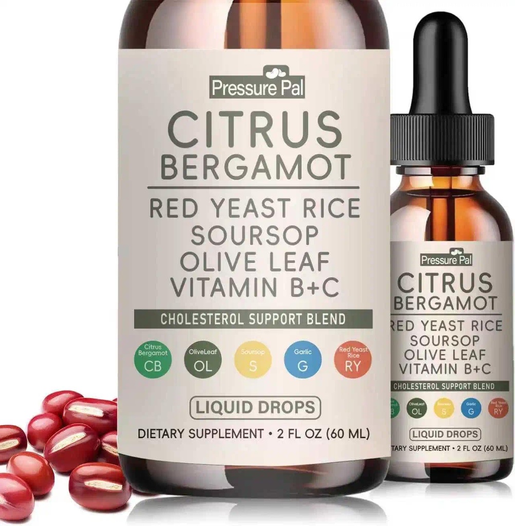 Red Yeast Rice Cholesterol Support Drops - Citrus, Bergamot, Soursop, Olive Leaf & Vitamin B+C Blend, Non-GMO Vegan Formula, 2 fl oz (1 Bottle)
