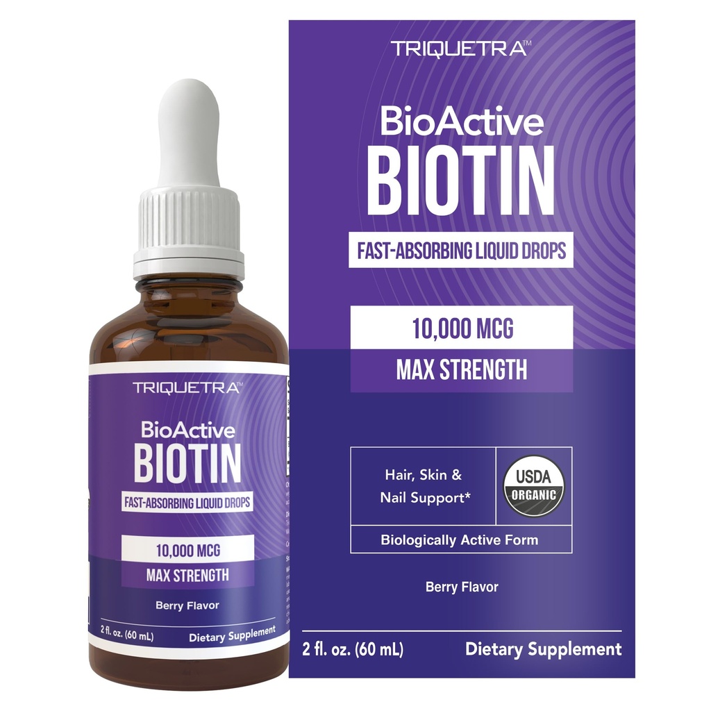 Liquid Biotin 10,000mcg Drops for Women – Organic USP Grade Dietary Supplement – High-Absorption Formula – Supports Healthy Hair, Skin & Nails – Natural Berry Flavor – 180 Servings, 2 oz