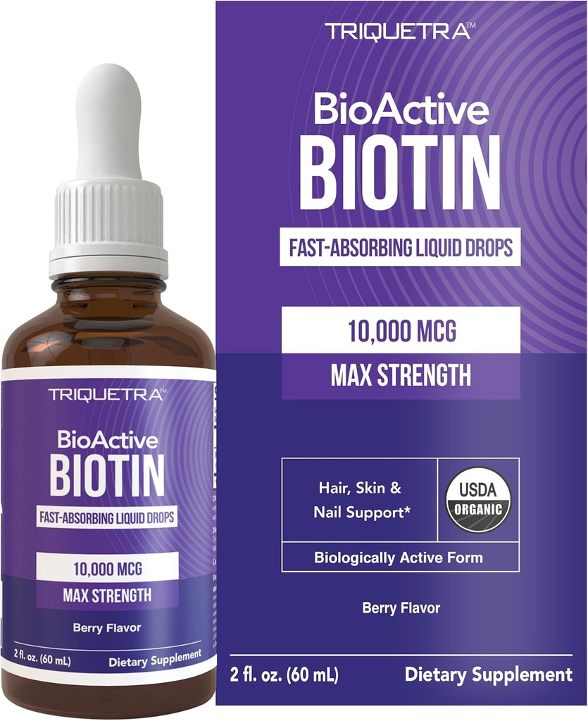 Triquetra Health Biotin Hair Support for Women – Bio 10000mcg USP Grade – Supplément liquide Premium pour une absorption élevée – Soutient cheveux, peau et ongles sains – Berry Flavor – 180 portions – 2 oz