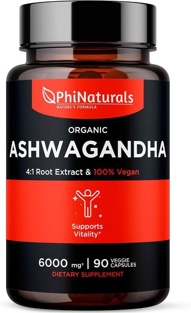 PhiNaturals Extrait de racine biologique Ashwagandha dans des capsules véganes égale à 6000 Mg de racine - Supplément Ashwaganda pour hommes et femmes avec 1500 Mg par portion 30 portions - 500mg Par capsule végane 90 Compte