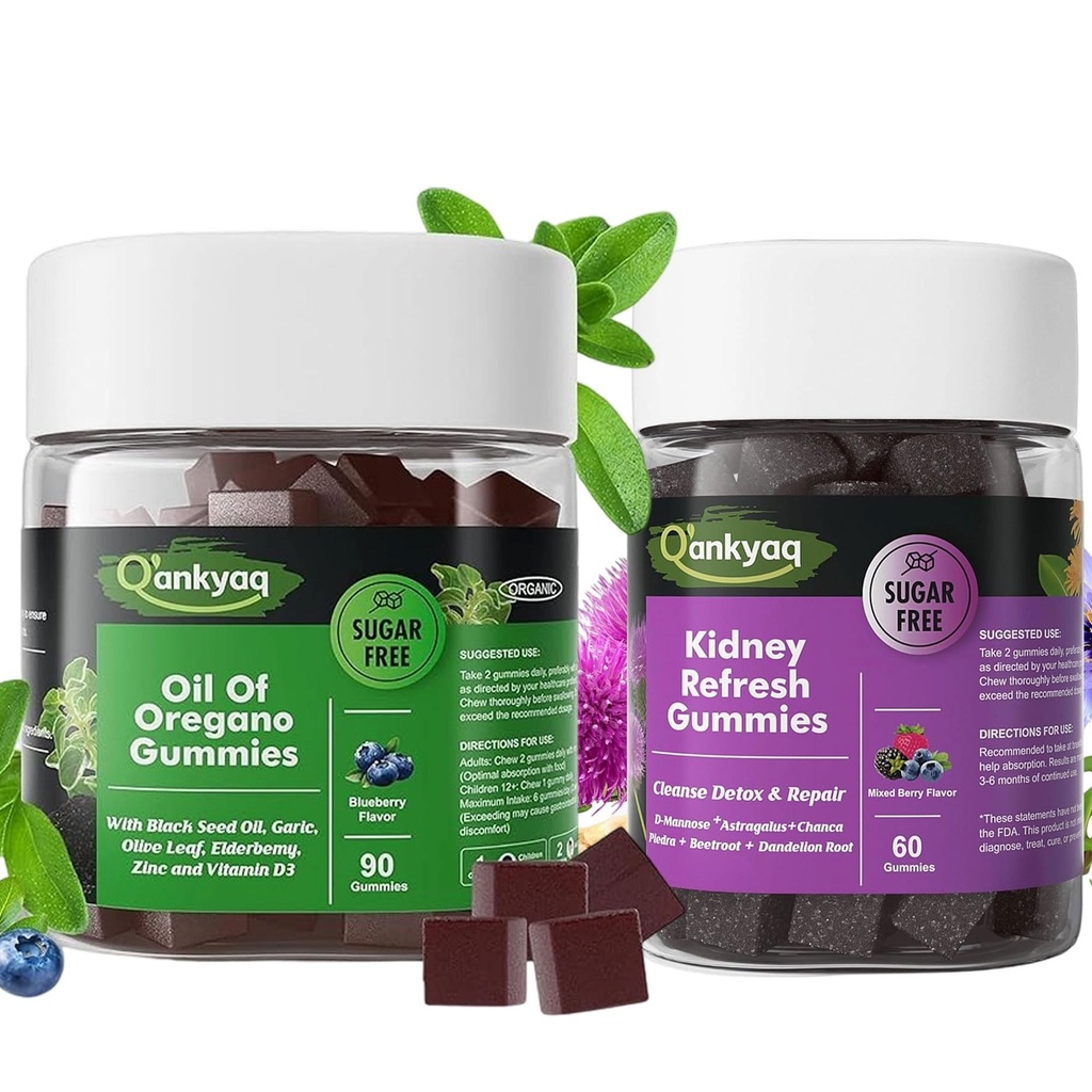 Q'ankyaq Oregano Oil with Black Seed Oil Organic Gummies and Kidney Cleanse Detox & Repair Gummies