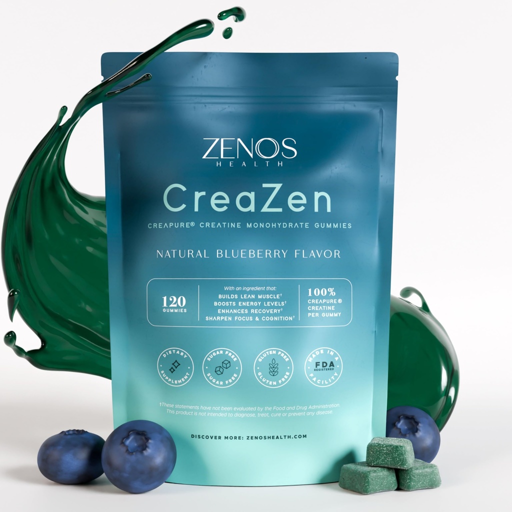 Zenos Health CreaZen - Creatine Monohydrate Gummies - Creatine Supplement for Muscle Growth, Strength, Recovery & ATP Boost, Preworkout Supplements - Made in USA, Blueberry Flavor - 120 Count