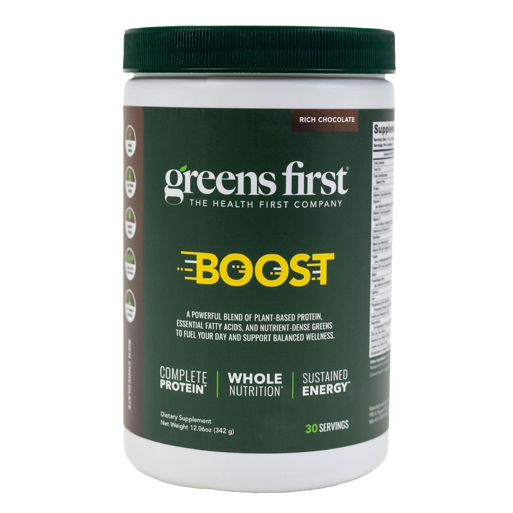 Greens First Boost - Protéines végétales et nutrition équilibrée - Superfood Shake Mix - Pas de blé ou de soja - Sans lait - Vegan - Chocolat hollandais, 12,28 oz.