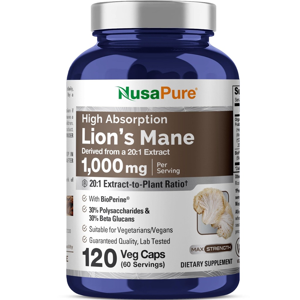 NusaPure Lions Mane Capsules, 1000 mg, 120 Veg Capsules (Non- GMO, Gluten Free))