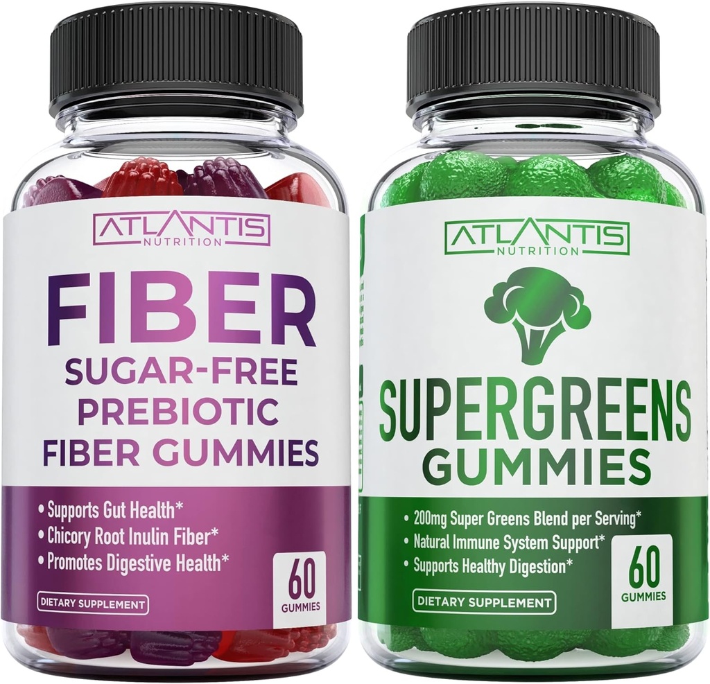 Atlantis Nutrition Gommies de fibres prébiotiques sans sucre pour adultes 2-Pack (120 Gommies) + Supergreens 60 Gommies