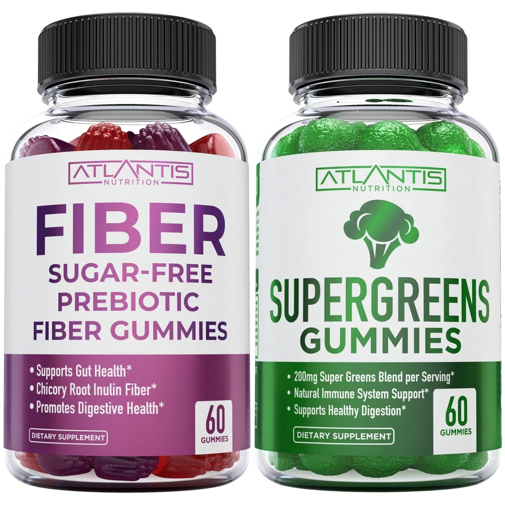 Atlantis Nutrition Gommies de fibres prébiotiques sans sucre pour adultes 2-Pack (120 Gommies) + Supergreens 60 Gommies