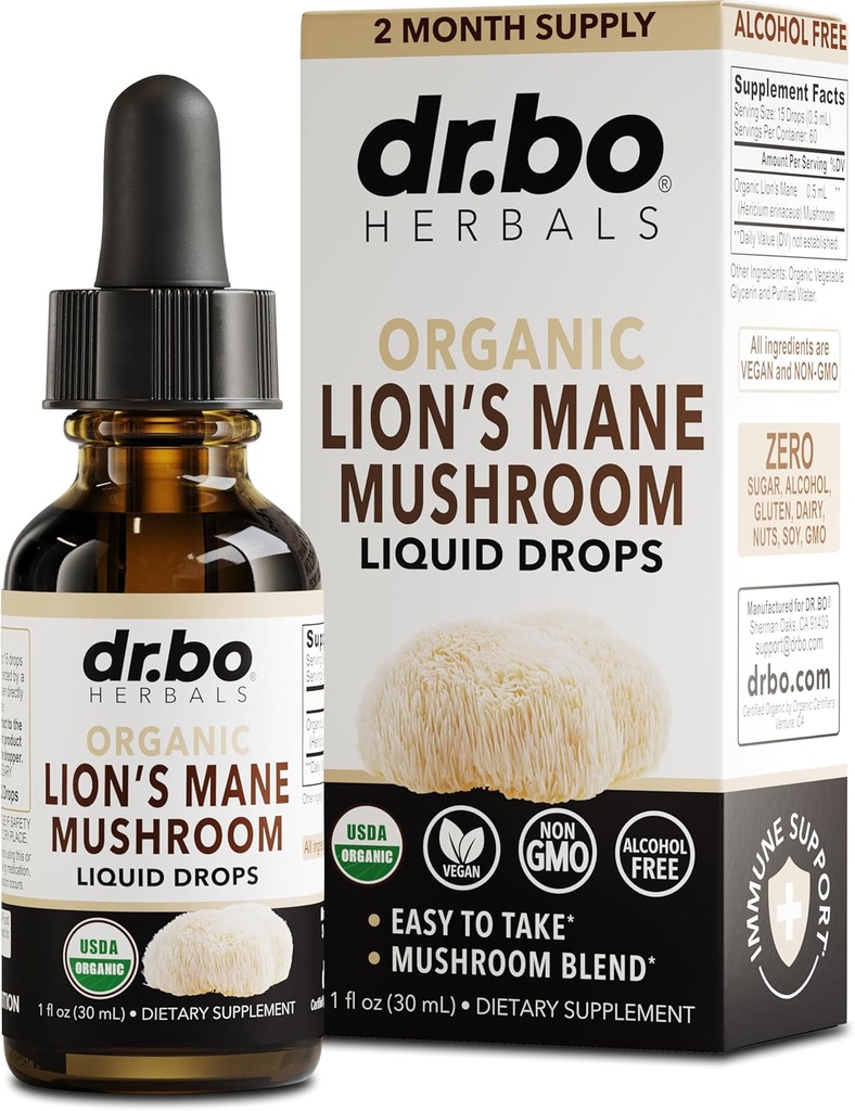 Lions Mane Mushroom Supplément gouttes - Bio Lion Mane Mushroom Liquid Tecture for Focus, Fog Cerveau Suppléments Santé - Vegan Herbal Nervine Nootropic Organic Lions Lions Complément liquide Extrait 1oz