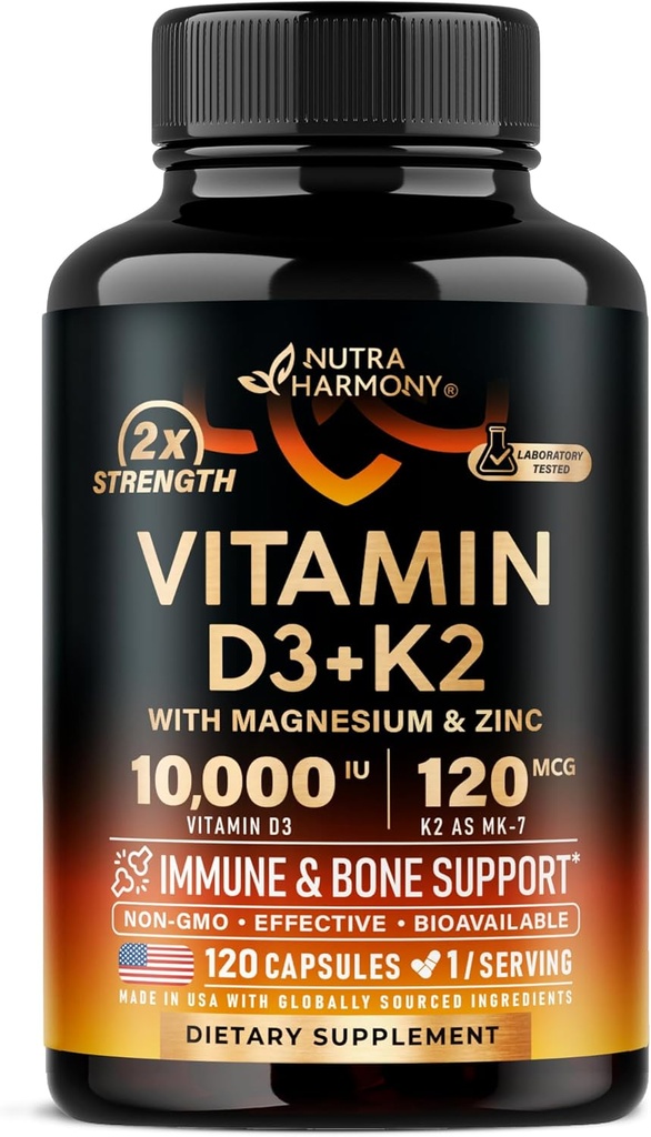 Vitamine D3 K2 - Vitamine D3 10000 iu & K2 en MK-7 120 mcg - Immune & Mood Support, pour la santé des os et des dents - avec Magnésium, Zinc & Vitamine C & B12 - Très Biodisponible - Fabriqué aux États-Unis, 120 Capsules