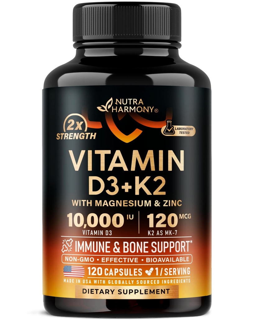 Vitamine D3 K2 - Vitamine D3 10000 iu & K2 en MK-7 120 mcg - Immune & Mood Support, pour la santé des os et des dents - avec Magnésium, Zinc & Vitamine C & B12 - Très Biodisponible - Fabriqué aux États-Unis, 120 Capsules