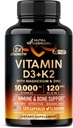 Vitamine D3 K2 - Vitamine D3 10000 iu & K2 en MK-7 120 mcg - Immune & Mood Support, pour la santé des os et des dents - avec Magnésium, Zinc & Vitamine C & B12 - Très Biodisponible - Fabriqué aux États-Unis, 120 Capsules