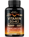 Vitamine D3 K2 - Vitamine D3 10000 iu & K2 en MK-7 120 mcg - Immune & Mood Support, pour la santé des os et des dents - avec Magnésium, Zinc & Vitamine C & B12 - Très Biodisponible - Fabriqué aux États-Unis, 120 Capsules