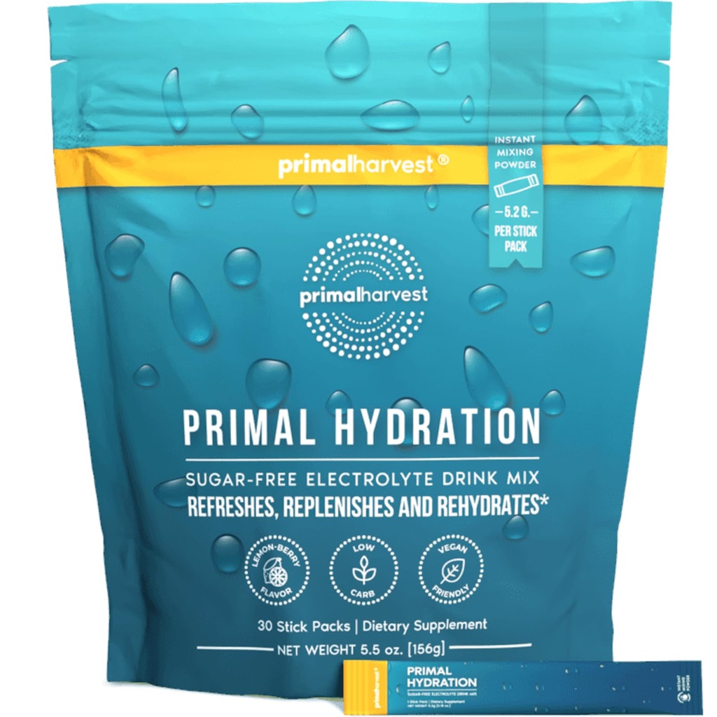 Primal Récolte Electrolytes Powder Packets Primal Hydratation, Packets ouverts faciles, Mélange de boisson énergétique (Lemon Berry, 30 Packs) (1 Sac)