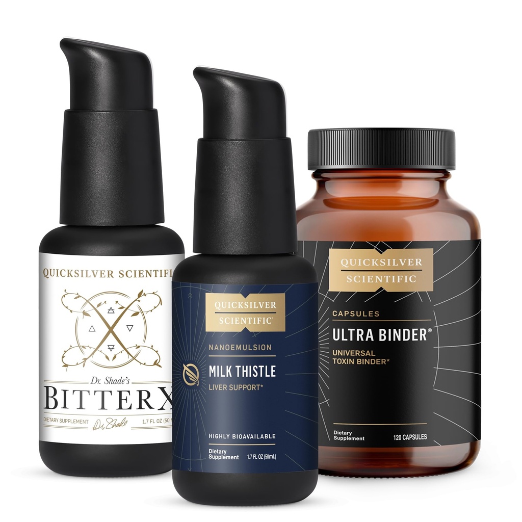 Quicksilver Scientific Merry Mornings Bundle with BitterX Digestive Support, Nanoemulsified Milk Thistle for Liver Detox, and Ultra Binder Multi Toxin Binder for Gut Health and Daily Detox Support