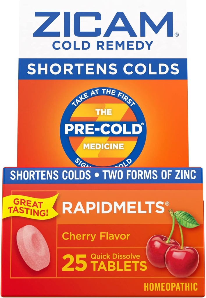 Zicam Cold Remedy Zinc RapidMelts, Cherry Flavor, homéopathique, médecine de raccourcissement du froid, raccourcit la durée du froid, 25 Compte (paquet de 2)