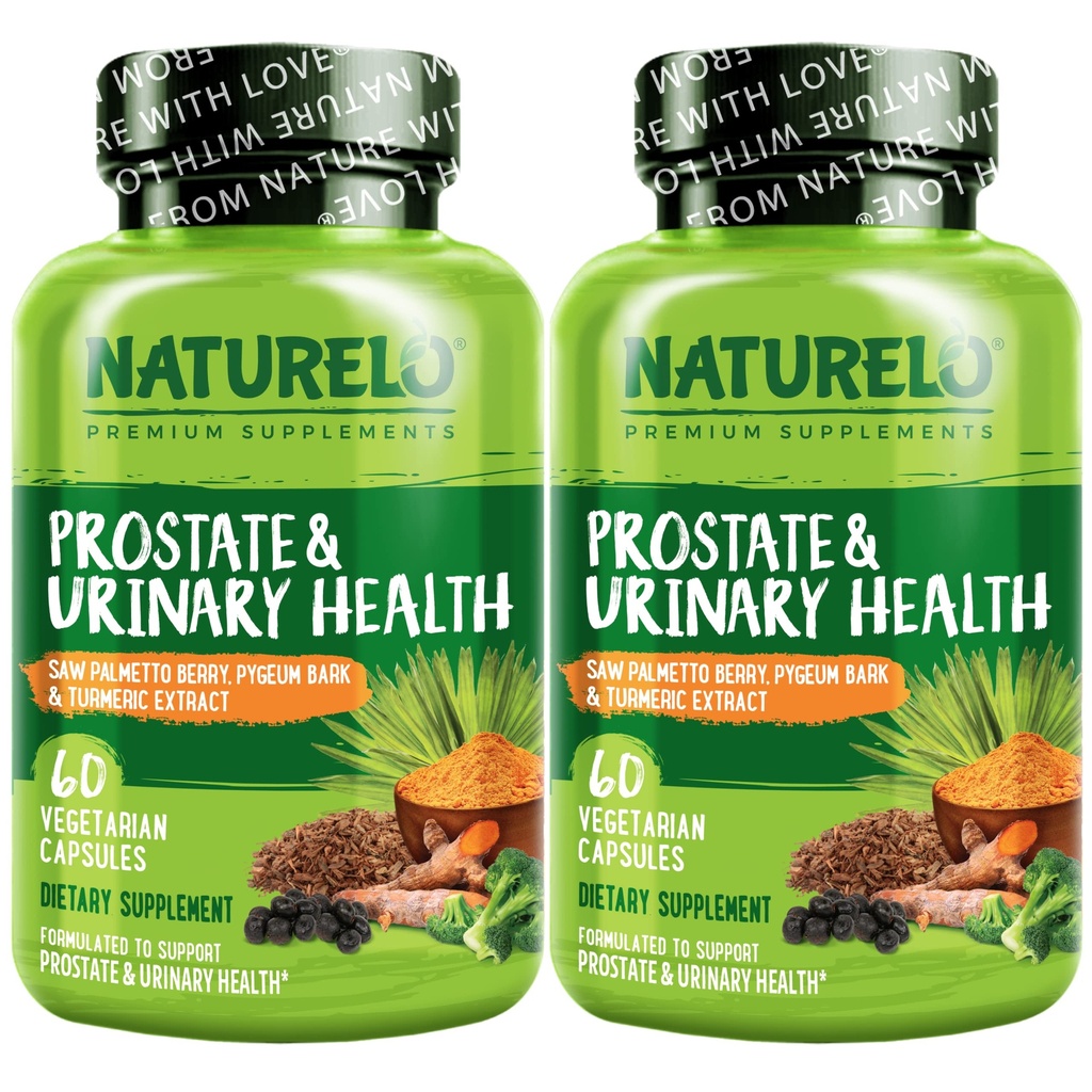 NATURELO Prostate & Urinary Health, formule complète avec Saw Palmetto, Pygeum, Tumeric, Stérols végétaux, Brocoli et Lycopène, 60 capsules végétariennes (paquet de 2)
