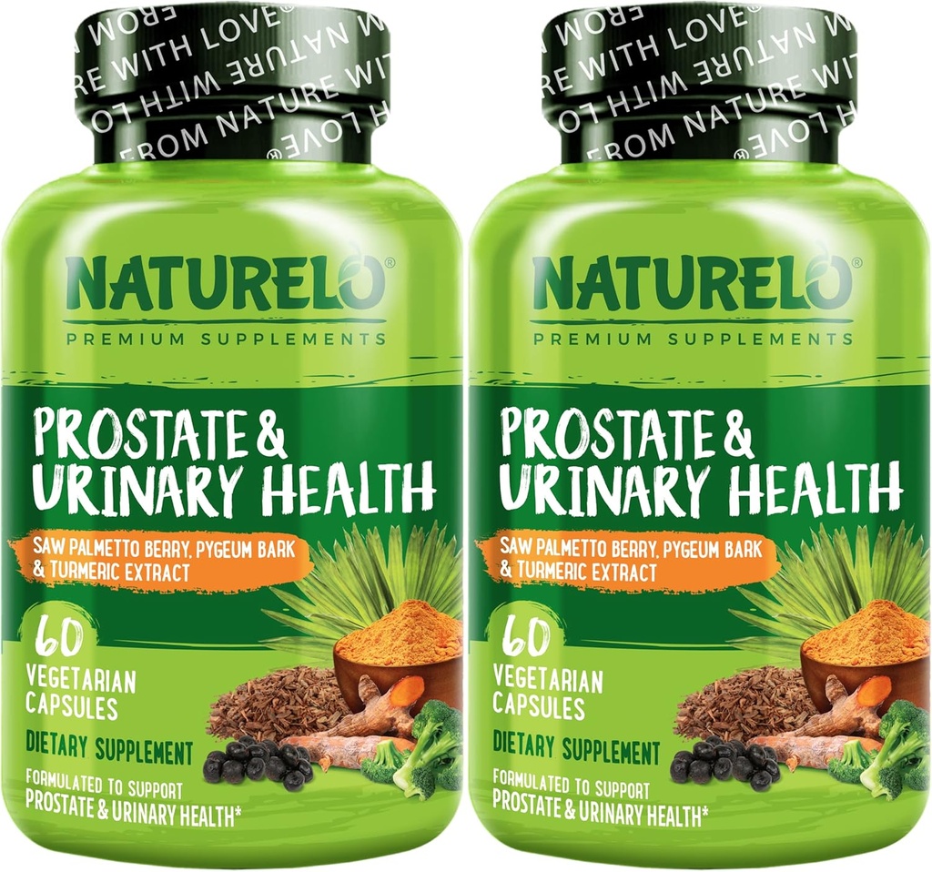 NATURELO Prostate & Urinary Health, formule complète avec Saw Palmetto, Pygeum, Tumeric, Stérols végétaux, Brocoli et Lycopène, 60 capsules végétariennes (paquet de 2)