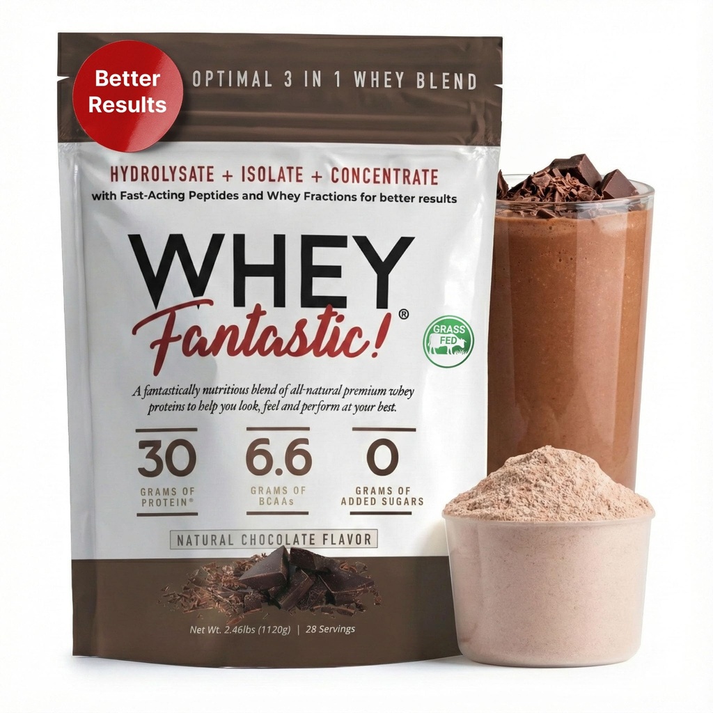 Fantastic Nutrition Chocolate -3-in-1 Grass Fed Whey Protein Powder - Unique Blend of Hydrolysate, Isolate, & Concentrate Provides 30g of Protein & 6.6g BCAAs per Serving - 2.2lb-28 Servings