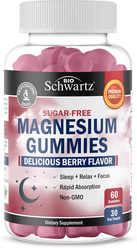 BioSchwartz Sans sucre Magnésium Gommies (30 portions) Berry Aromatisé Magnésium Citrate Supplément soutient les nerfs sains Muscles énergie calme humeur et sommeil (Vegan Safe, non OGM, 60 Gummies)