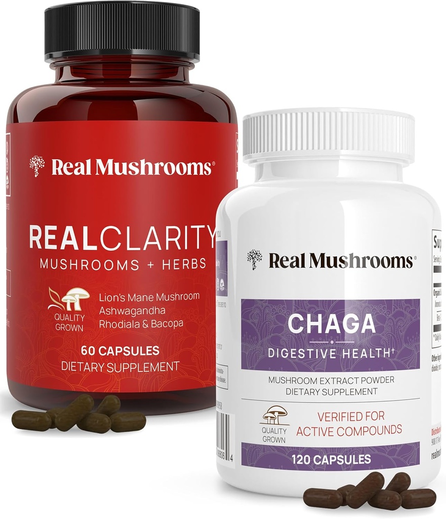 Real Mushrooms RealClarity (60ct) and Chaga (120ct) Capsules Bundle - Mushroom Supplement for Mental Clarity, Focus, Digestive Health & Immune Support - Vegan, Non-GMO, Verified Levels of Beta-Glucans
