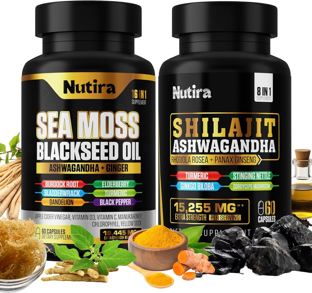 Mousse de mer et shilajit Multivitamine Bundle - Mousse de mer 7000mg, Shilajit 9000mg, Huile de graines noires 4000mg, Ashwagandha 2000mg, Ginger & Rhodiola Rosea 1000mg, Tous en 1 Suppléments (60 Nombre) (1 Pack)