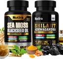 Mousse de mer et shilajit Multivitamine Bundle - Mousse de mer 7000mg, Shilajit 9000mg, Huile de graines noires 4000mg, Ashwagandha 2000mg, Ginger & Rhodiola Rosea 1000mg, Tous en 1 Suppléments (60 Nombre) (1 Pack)