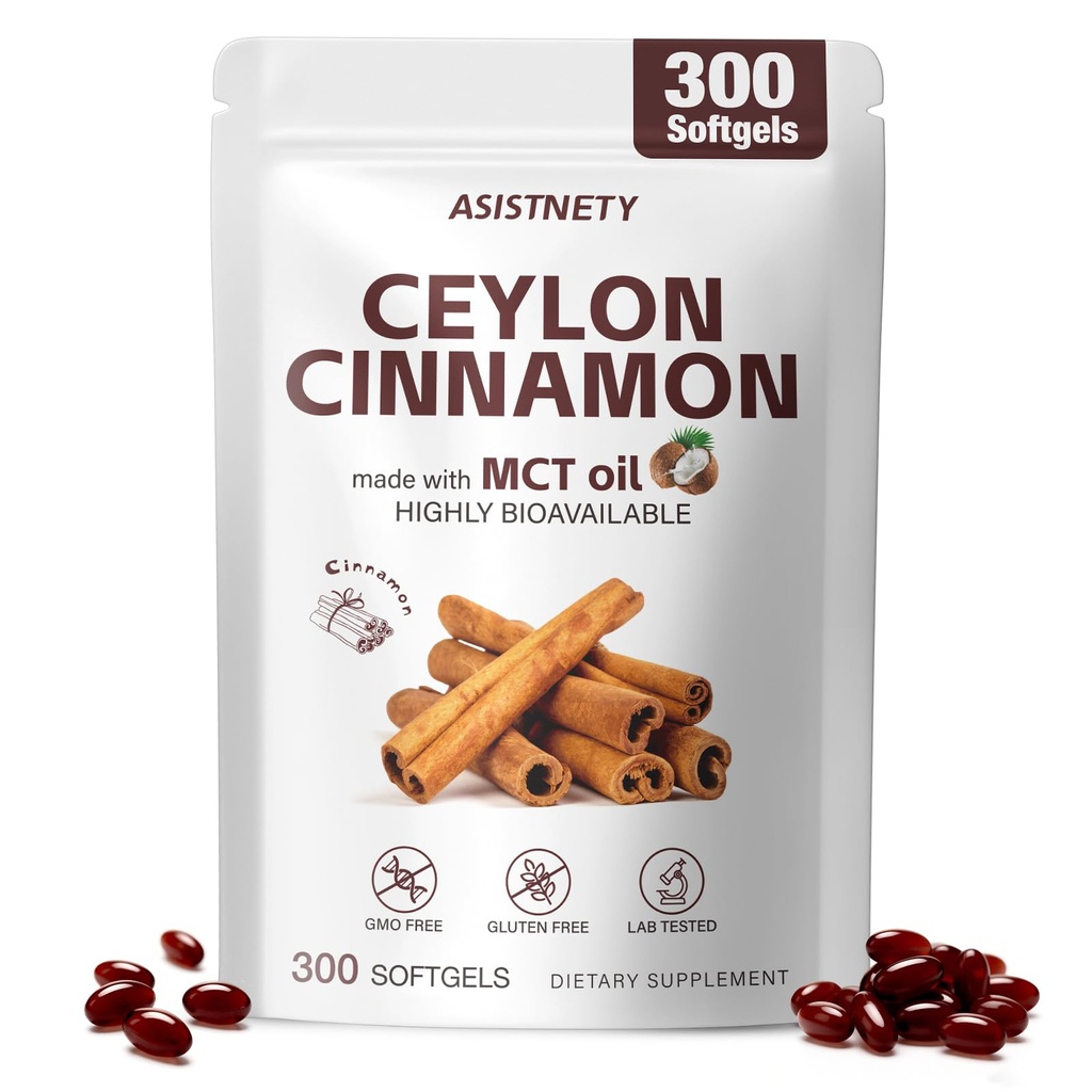 Ceylon Cinnamon Softgels with MCT Oil, True Sri Lanka Ceylon Cinnamon Capsules 600mg with Berberine HCl, Ginger & Black Pepper Extract, Blood Sugar & Metabolism Support, Non-GMO, Gluten, 300 Softgels