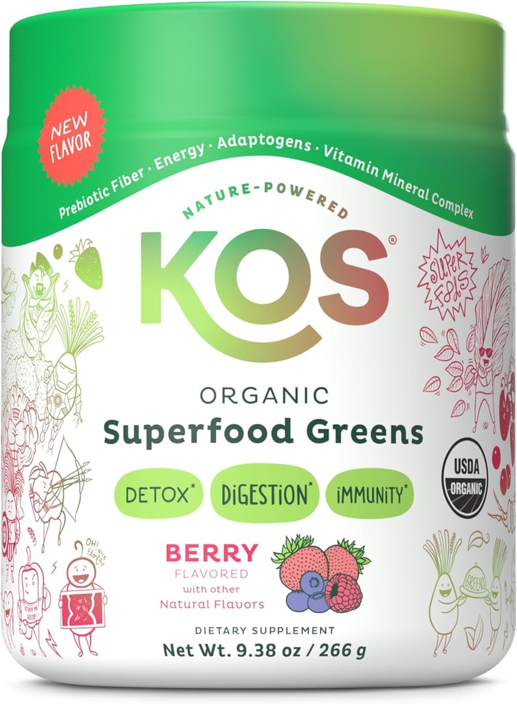 KOS Bio Superfood Greens Poudre - Gut Health from Prebiotic Fibre, Supergreens and Adaptogens - USDA certifié biologique, fabriqué dans un établissement certifié GMP - 28 portions Berry