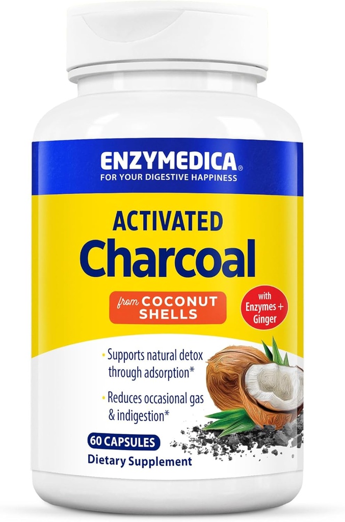 Enzymedica, Activated Charcoal, Reduces Occasional Gas, Bloating & Indigestion, Supports Natural Detox, 60 Count