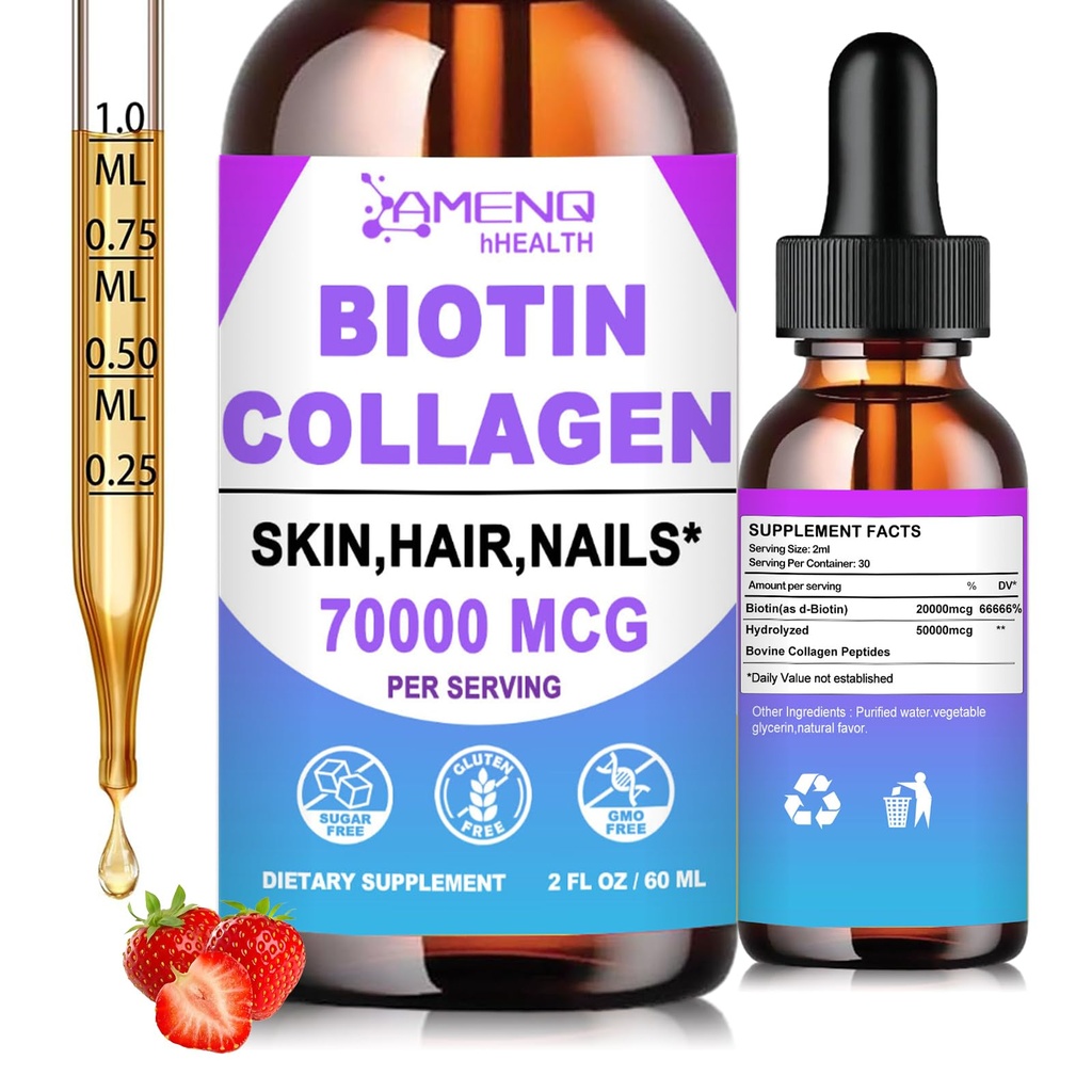 Liquid Biotin & Collagen - Vitamins for Hair Growth Support, Liquid Collagen Supplement - Strong Nails & Healthy Skin, Extra Strength 20000mcg Biotin Drops, Strawberry Flavor, 2 Fl Oz, 30 Days Supply