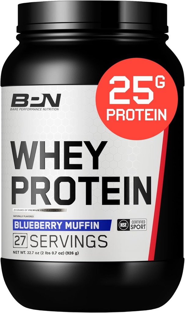 BARE PERFORMANCE NUTRIITION, BPN Whey Protein + Casein Protein Powder Blend, Blueberry Muffin, 25g de protéines par service soutient la récupération musculaire maigre, 27 portions, tiers testé