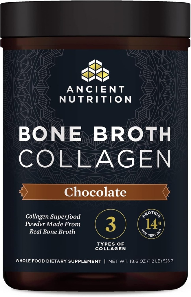 Ancient Nutrition Collagène Poudre, Broth désossé Collagène, Chocolat, Hydrolysed Multi Collagène Peptides, Supporte la peau et les ongles, Supplément articulaire, 30 portions, 18.6oz