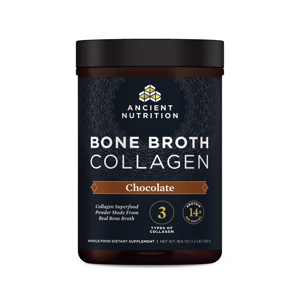 Ancient Nutrition Collagène Poudre, Broth désossé Collagène, Chocolat, Hydrolysed Multi Collagène Peptides, Supporte la peau et les ongles, Supplément articulaire, 30 portions, 18.6oz