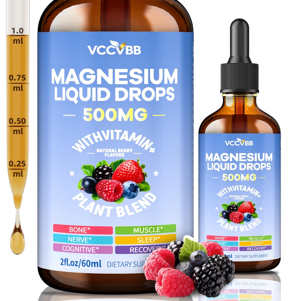 Magnesium Glycinate Liquid Drops, Magnesium Complex with Malate Taurate Citrate Complex & Vitamin D3, B6, K2 L-Theanine, Plant Blend for Sleep, Bone, Muscle, Nerve Non-GMO (500mg-Berry Flavor)