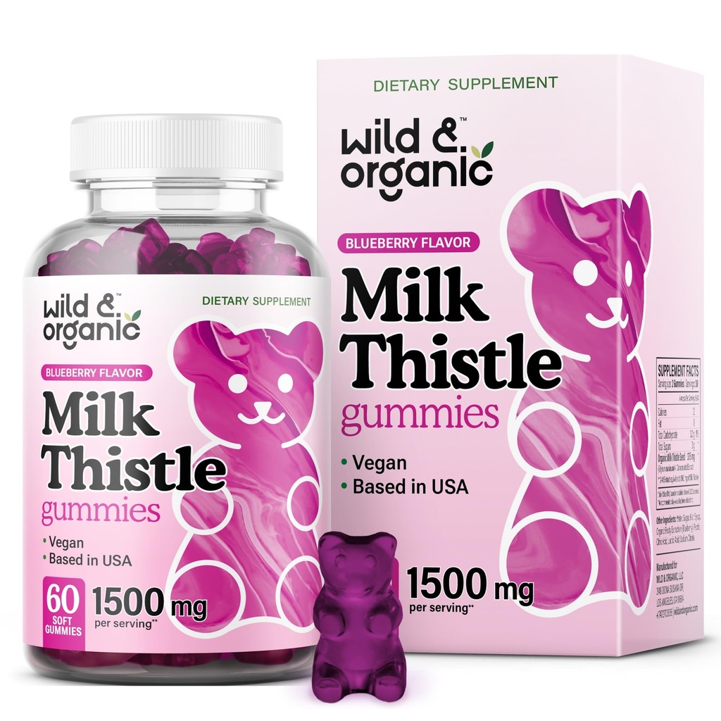 Gommies de chardon de lait sauvage et biologique 1500 mg - Supplément de chardon de lait pour nettoyer le foie Détox - Gommies de silymarin Détox de foie - 30 jours d'approvisionnement - 60 légumes, non-OGM