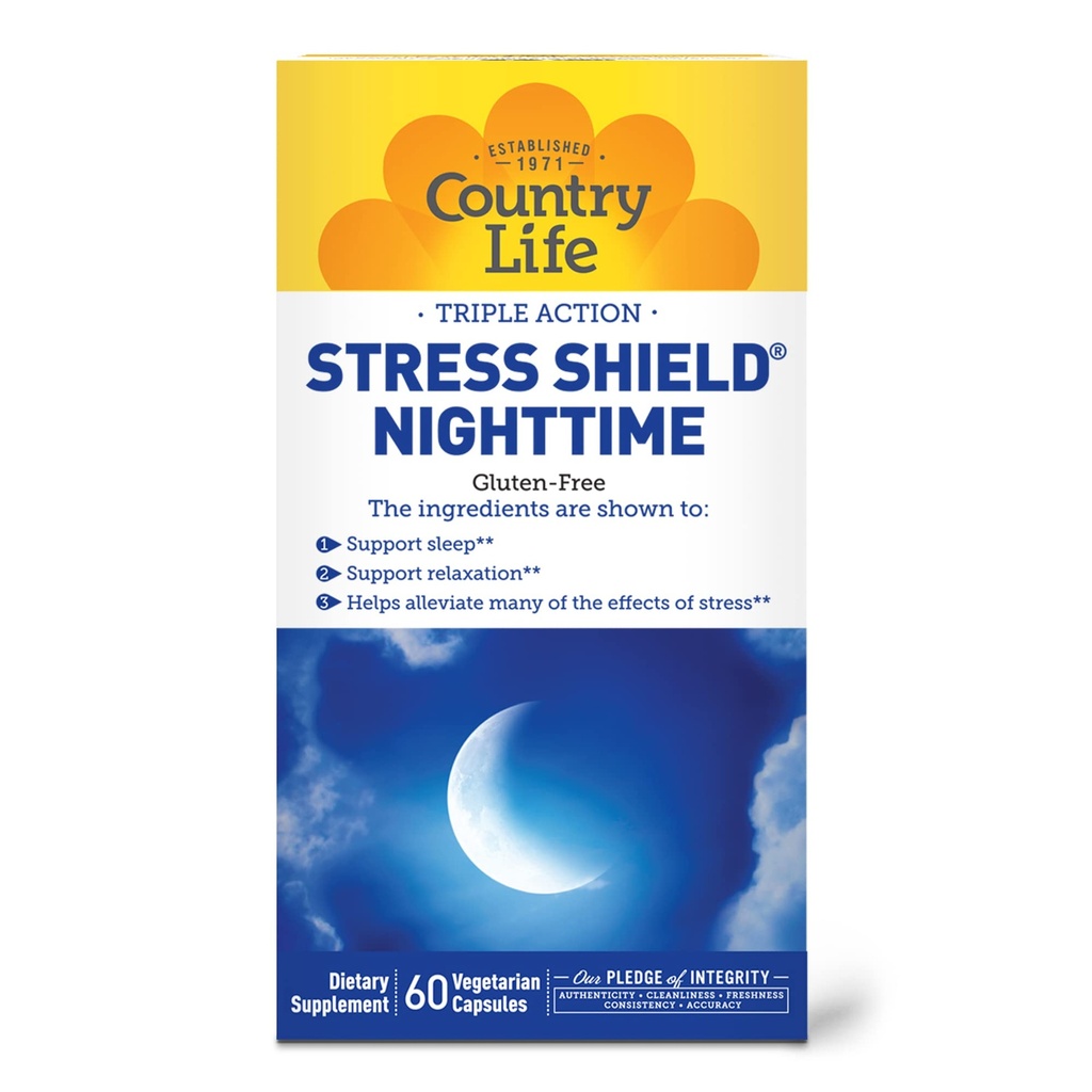 Country Life Stress Shield Nighttime – Stress & Relaxation Support Supplement – Sensoril® Ashwagandha, GABA & L-Theanine – Magnesium & Vitamin B5 – Gluten Free, Vegan – 60 Vegetarian Capsules