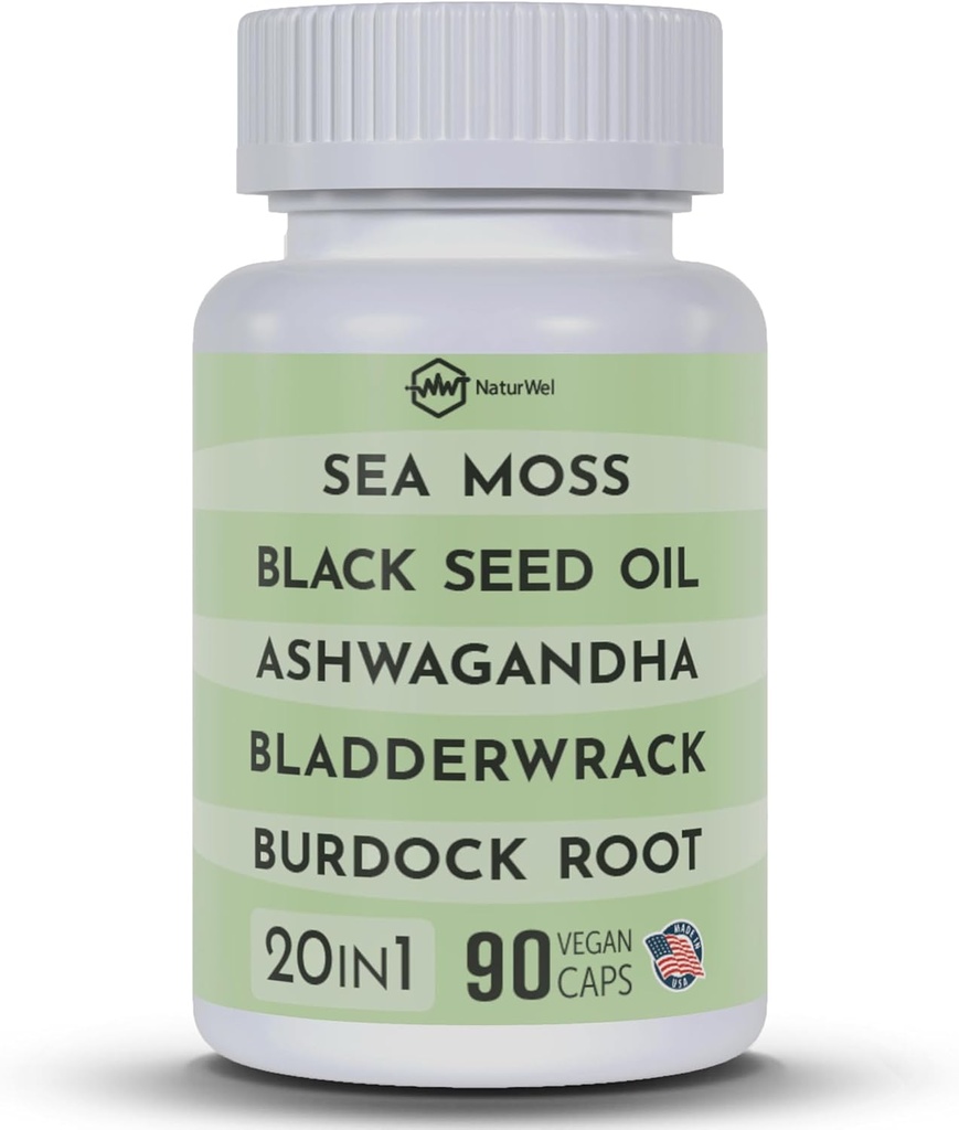 Huile de graines noires 3000mg Moss de mer 3000mg Ashwagandha 1000mg Turmère 1000mg Burdock 1000mg Bladderwrack 1000mg & Elderberry Manuka Chlorophylle Dandelion Jaune Dock - (90 Capsules Pack de 1)
