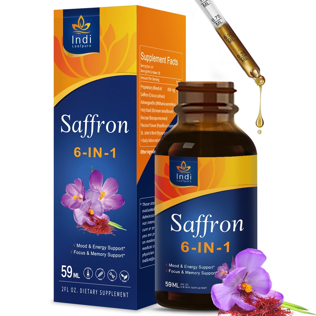 Saffron (Azafrán) Extract Drops - Herbal Supplement for Mood & Energy Support, Focus & Memory Support, Ayurvedic Inner Balance Wisdom w/Ashwagandha Holy Basil. 2oz