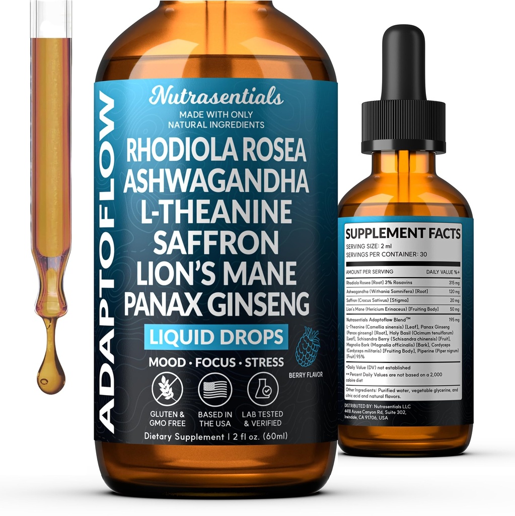 Rhodiola Rosea Liquid Drops 10 in 1 with with Ashwagandha, Lion’s Mane, Saffron, L-Theanine, Ginseng, Holy Basil & More | Mood, Focus & Stress Support Herbal Extracts | Vegan, Non-GMO – 2 Fl Oz